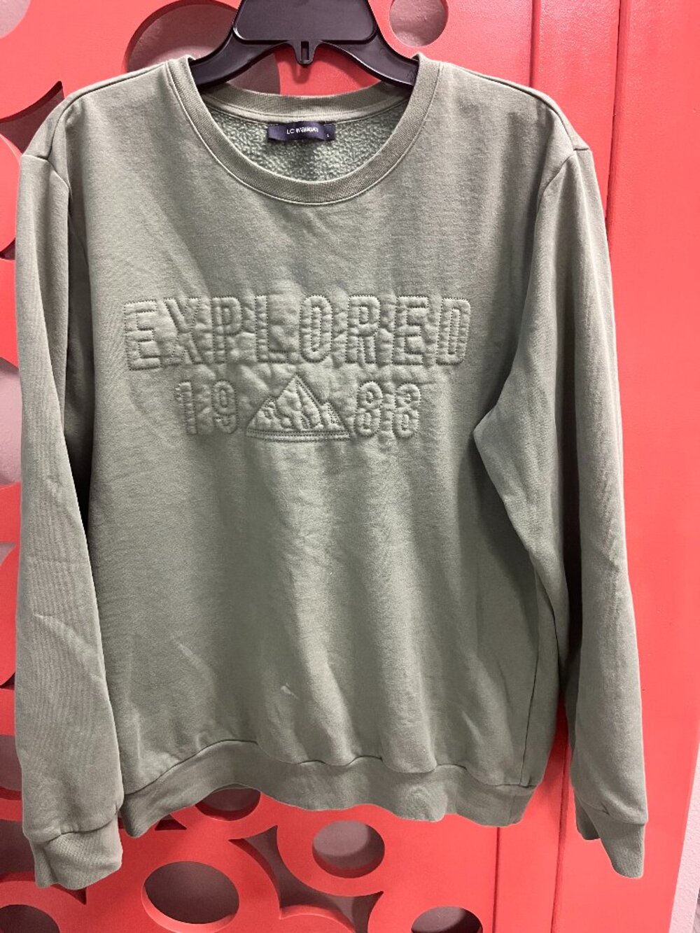 LC Waikiki Explored Embroidered Crewneck Sweatshirt | Olive Green Fleece Pullove